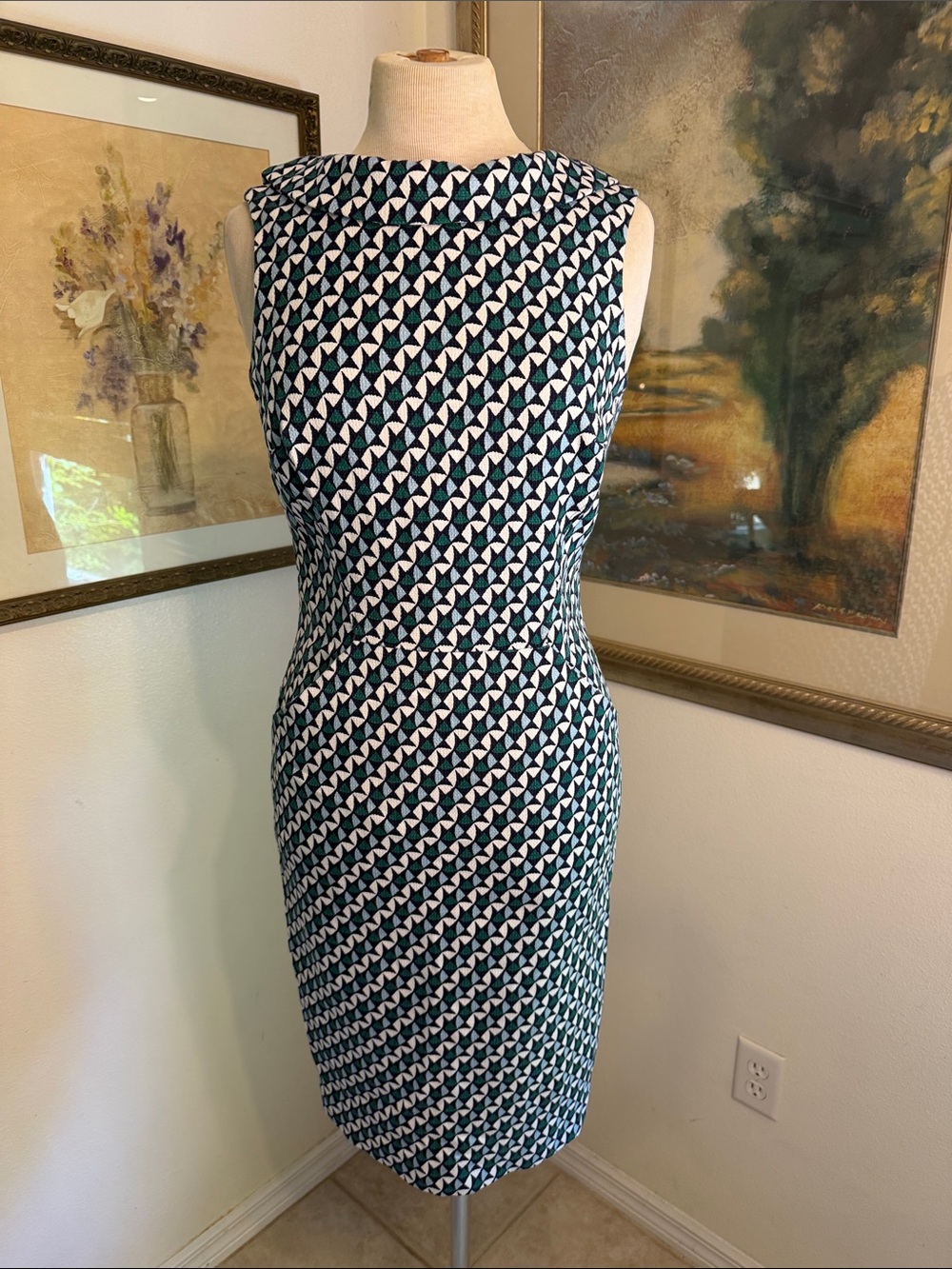 DRESS - Boden Martha Green/Navy/White Geometric Print Sheath Dress Size 6